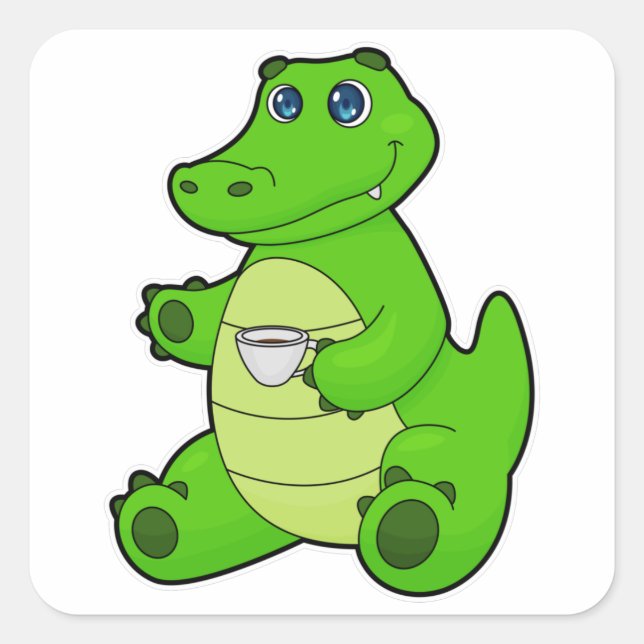 Crocodile with Cup of Coffee Square Sticker (Front)