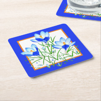 Crocus Flowers Blue Square Paper Coaster