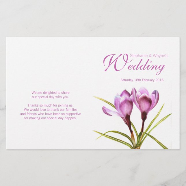 Crocus purple floral wedding programme (Front)