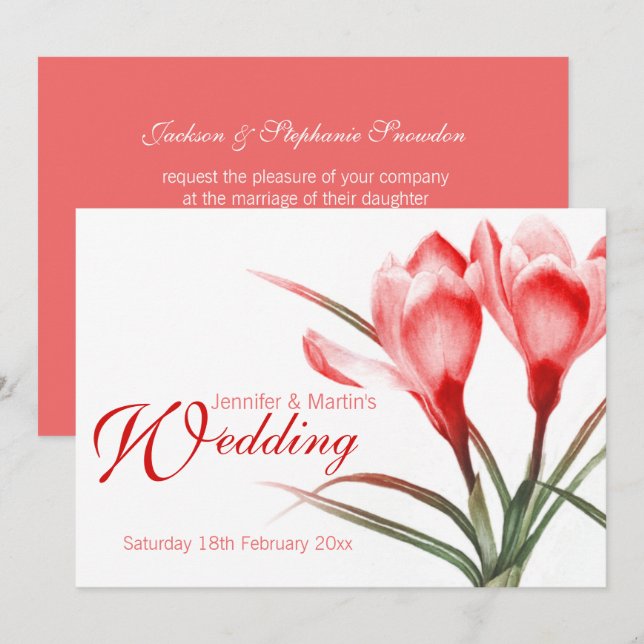 Crocus red pink floral wedding invitation (Front/Back)