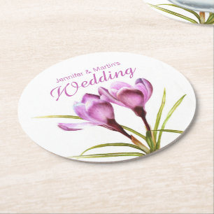 Crocus watercolor art purple wedding coasters