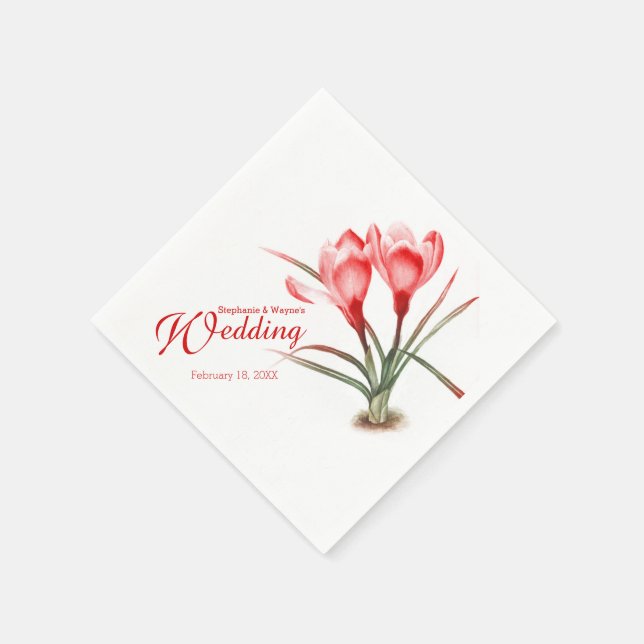 Crocus watercolor red wedding napkins (Corner)