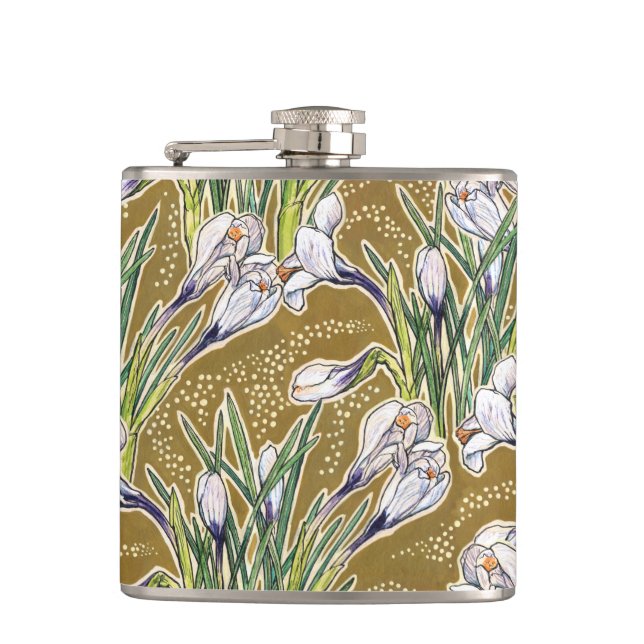 Crocuses, floral pattern, beautiful spring flowers hip flask (Front)