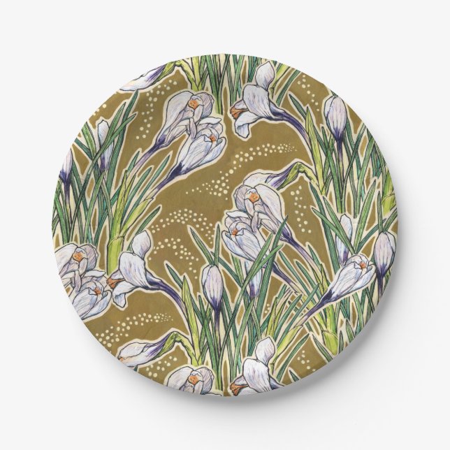 Crocuses, floral pattern, beautiful spring flowers paper plate (Front)