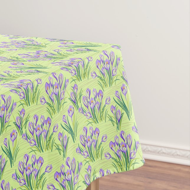 Crocuses on light green tablecloth (In Situ)