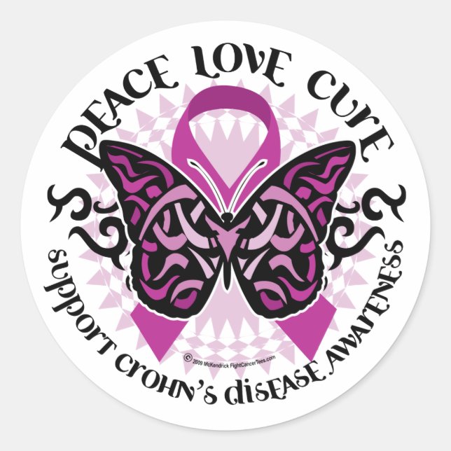 Crohn's Disease Butterfly Tribal Classic Round Sticker (Front)