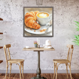 Croissant & Cappuccino Watercolor Cafe Kitchen Art Canvas Print