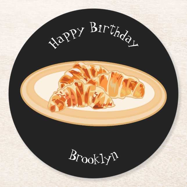 Croissant cartoon illustration  round paper coaster (Front)