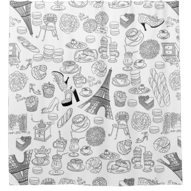 croissants paris france french fashion doodle shower curtain (Front)