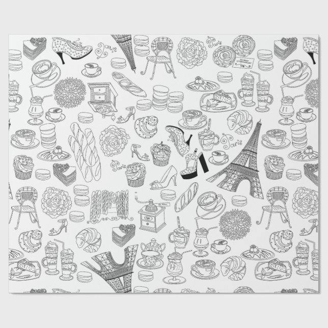 croissants paris france french fashion doodle wrapping paper (Flat)