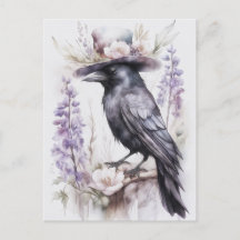Crop Rabe Crow with hat and flowers Watercolor
