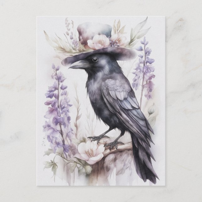 Crop Rabe Crow with hat and flowers Watercolor Postcard (Front)