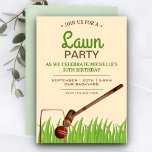Croquet Backyard Game Lawn Birthday Party Invite<br><div class="desc">Invite your guests with this elegant birthday party invitation featuring a mallet, hoop and a ball on a lawn with modern typography against a beige background. Simply add your event details on this easy-to-use template to make it a one-of-a-kind invitation. Flip the card over to reveal a beautiful green grass...</div>