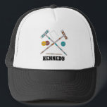 Croquet Set, Lawn Games Graphic Personalised Trucker Hat<br><div class="desc">Keep the sun out of your eyes the next time you're playing a game of croquet with this personalised hat. It features illustrations of croquet set piece like croquet mallets and balls with a spot to add a name or other text in bold black lettering below the graphic.</div>