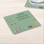 Croquet Set, Yard Game Custom Outdoor Party Square Paper Coaster<br><div class="desc">These custom party coasters are perfect for backyard parties and picnics especially if a game of croquet is going to be part of the festivities. They feature illustrations of croquet mallets,  balls and wickets set against a jade green background. Your custom message is in in bold darker green lettering.</div>