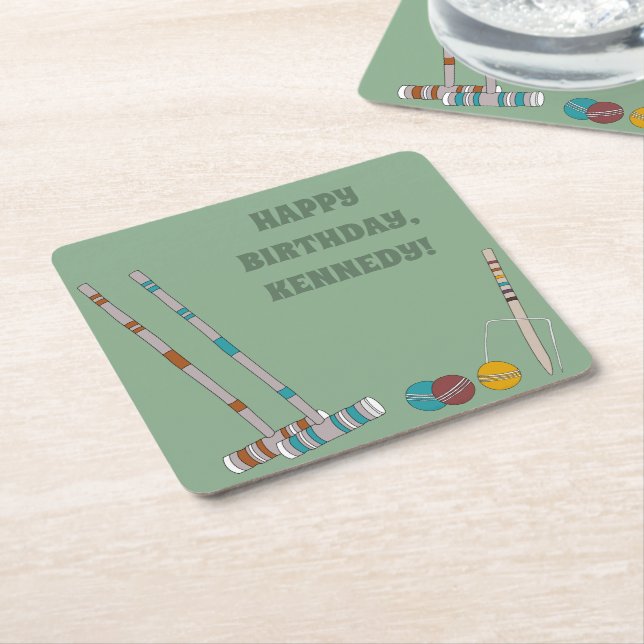 Croquet Set, Yard Game Custom Outdoor Party Square Paper Coaster (Angled)