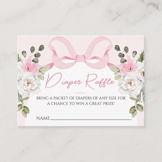 Croquette Pink Baby Shower Bow Diaper Raffle Card (Front)