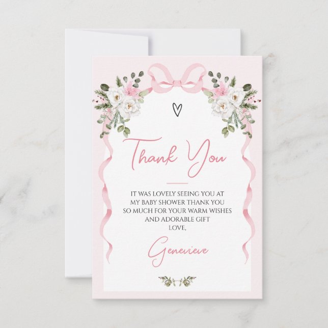 Croquette Pink Bow Arch Winter Floral Baby Shower Thank You Card (Front)
