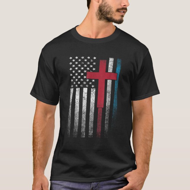 Cross 4th of July American Flag USA America Patrio T-Shirt (Front)