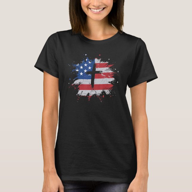 Cross American Flag Christian Men T-Shirt (Front)