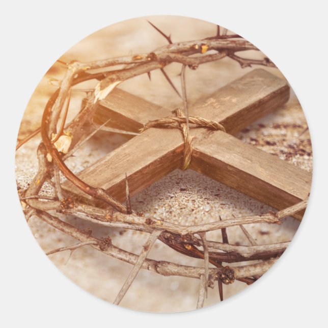 Cross and Crown of Thorns  Classic Round Sticker (Front)