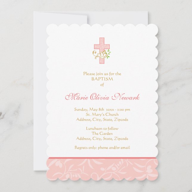 Cross and Dove | Coral Girl Baptism Invitation (Front)