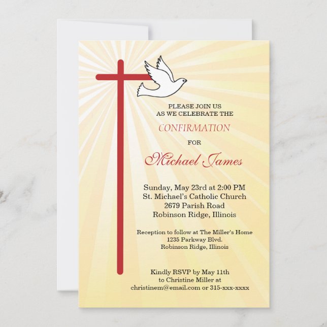 Cross and Dove Gold Rays Boys Confirmation Invitation (Front)