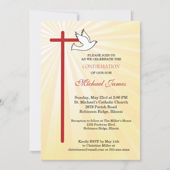 Cross and Dove Gold Rays Son Confirmation Invitation (Front)