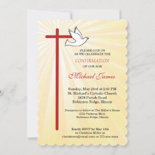 Cross and Dove Scallop Gold Rays Son Confirmation Invitation
