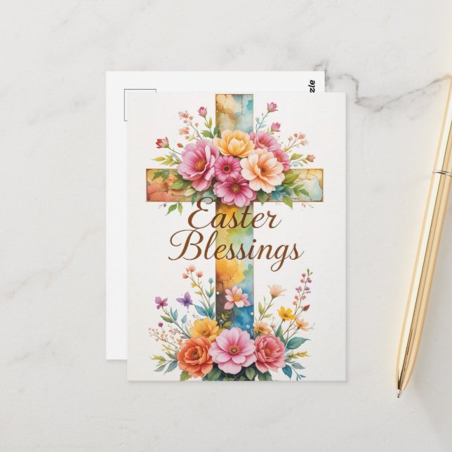 Cross and Floral Easter Blessings  Postcard (Front/Back In Situ)