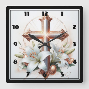 Cross and Lily Flowers Square Wall Clock
