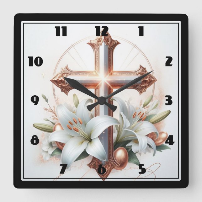 Cross and Lily Flowers Square Wall Clock (Front)