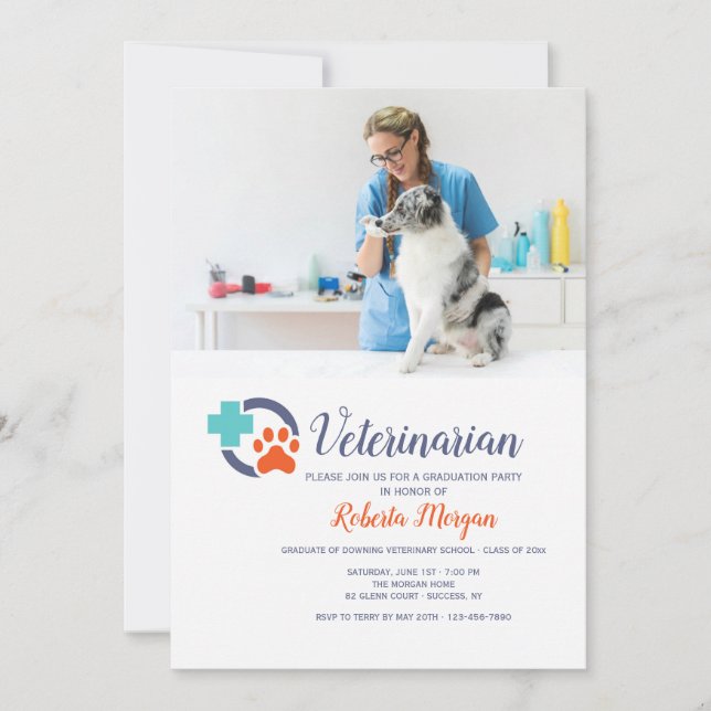Cross and Paw Veterinarian Photo Graduation Party Invitation (Front)