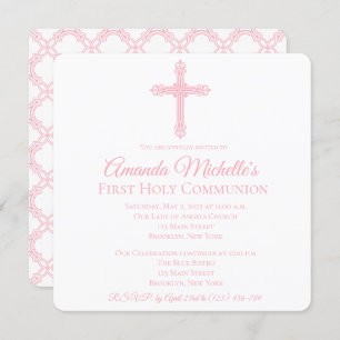 Cross and Quatrefoil First Communion Invitation