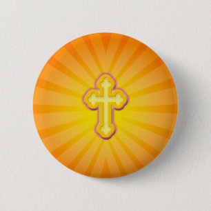 CROSS AND SUN RAYS 6 CM ROUND BADGE
