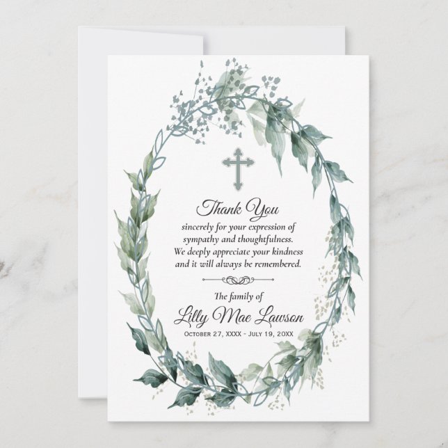 Cross and Wreath Funeral Memorial Thank You Cards (Front)