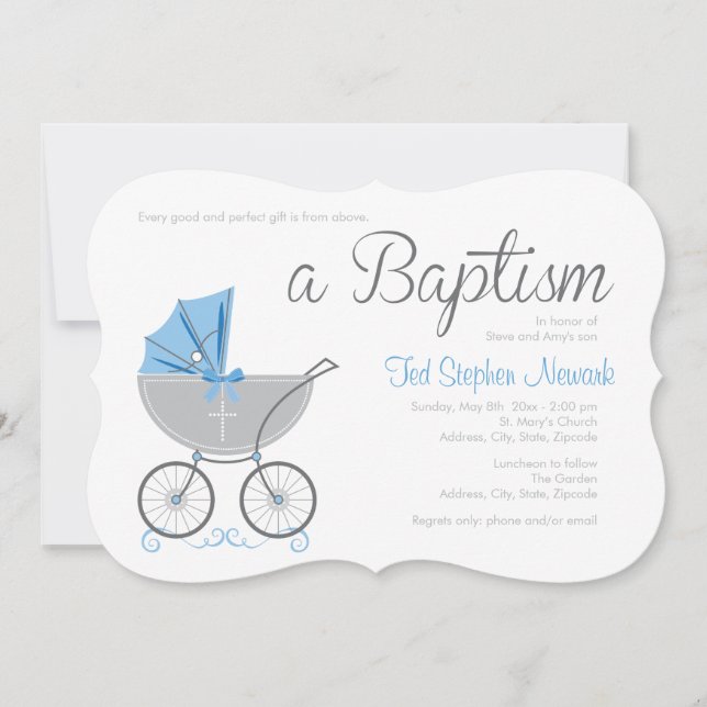 Cross Baby Carriage | Blue Boy Baptism Invitation (Front)