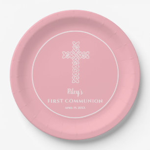 Cross   Baby Pink Communion Baptism Christening Paper Plate
