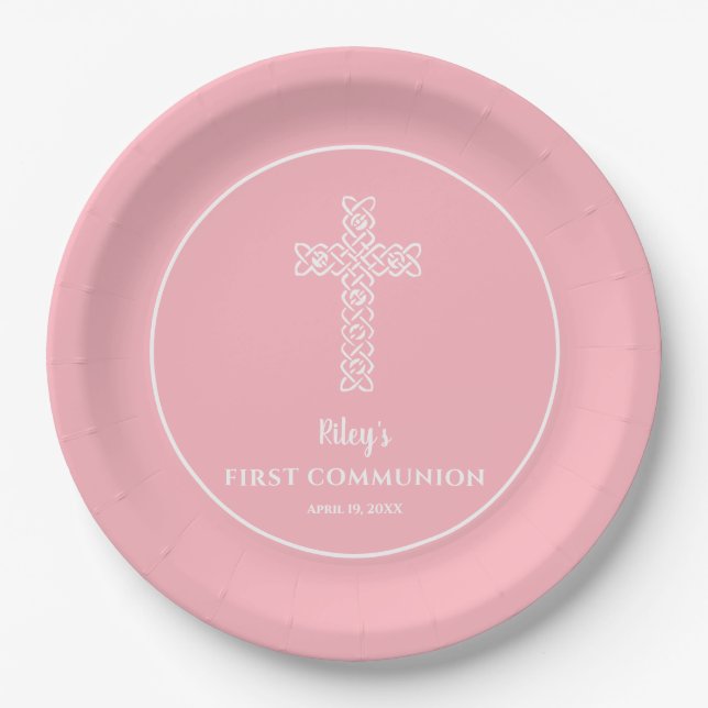 Cross | Baby Pink Communion Baptism Christening Paper Plate (Front)