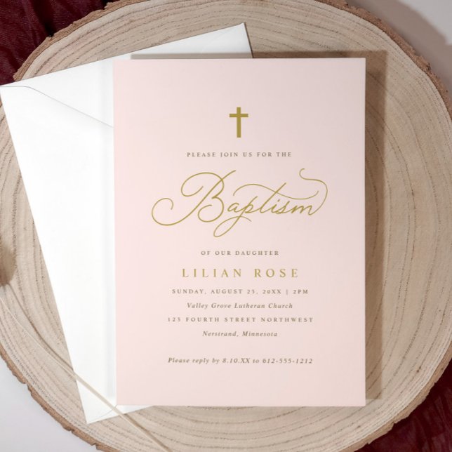 Cross Baptism Invitations - Pink Daughter Girl (Light pink girl’s baptism invitation with gold script and cross—elegant and personalized.)