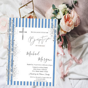 Cross Baptism Silver Glitter Confetti Blue Striped Invitation