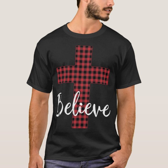Cross Believe Jesus Buffalo Plaid Christian Christ T-Shirt (Front)