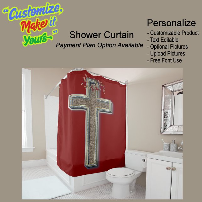 Cross Biblical Shower Curtain Red Background (Cross Biblical Shower Curtain Featuring a Red Background.)