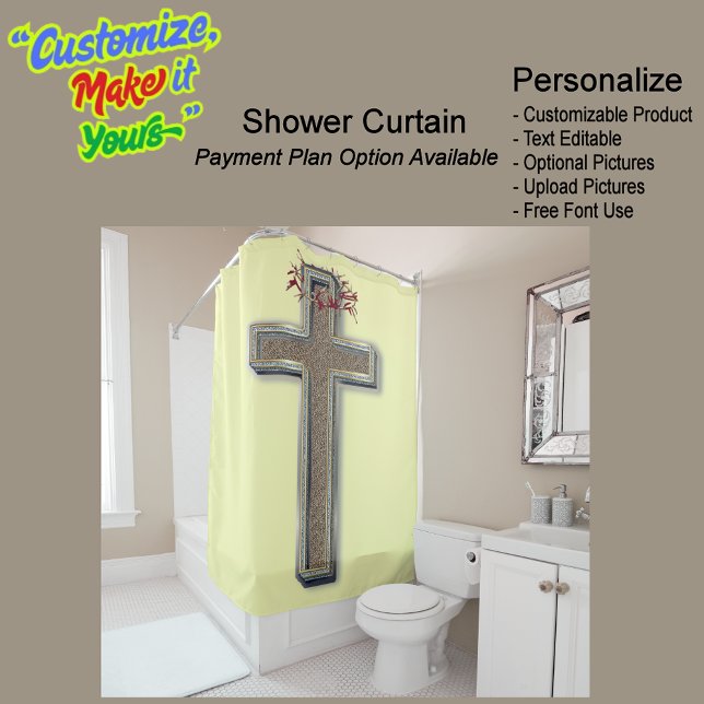 Cross Biblical Shower Curtain Yellow Background (Cross Biblical Shower Curtain Featuring a Yellow Background.)