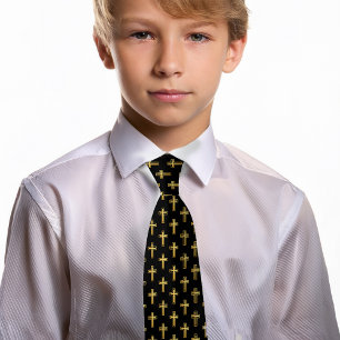 Cross Black Faux Gold First Communion Confirmation Tie