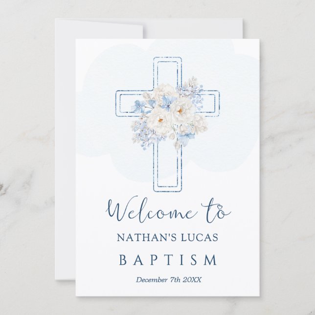 Cross Blue Floral Welcome to Baptism Announcement (Front)