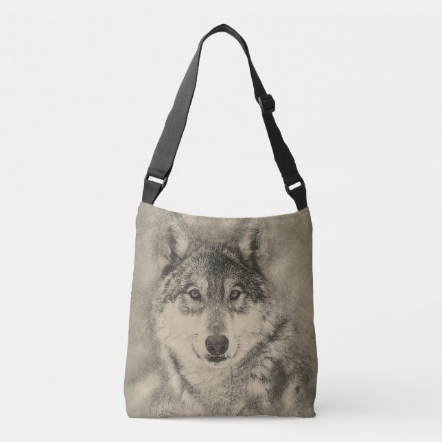 Cross Body Bag with Timber Wolf Illustration (Front)