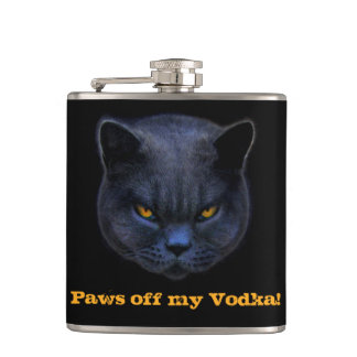 Cross Cat says Paws off my Vodka! Hip Flask