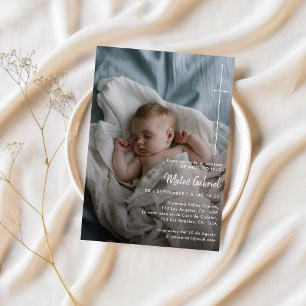 Cross Catholic Baptism Calligraphy Bautizo Photo Invitation