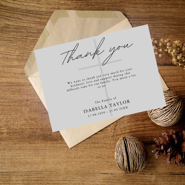 Cross Catholic  Funeral Memorial Grey Thank You Card (Creator Uploaded)